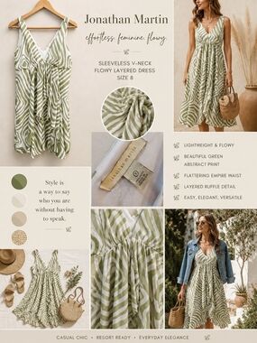 Jonathan Martin Sleeveless V-Neck Flowy Layered Dress Sz 8 Sage Green